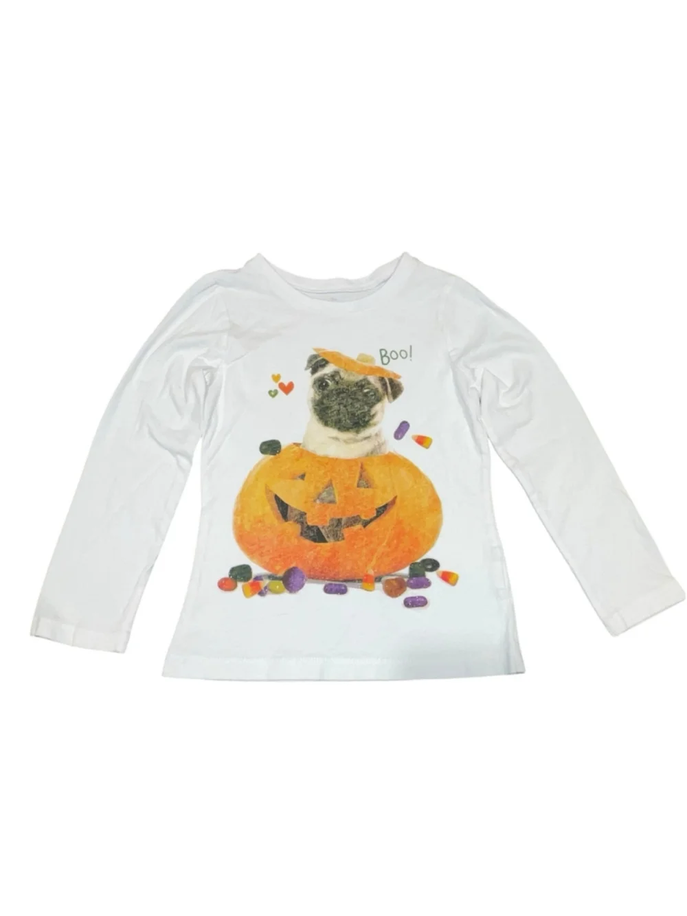 The Children’s Place Pug In A Pumpkin Halloween T Shirt Top Candy Corn Sz S 5/6